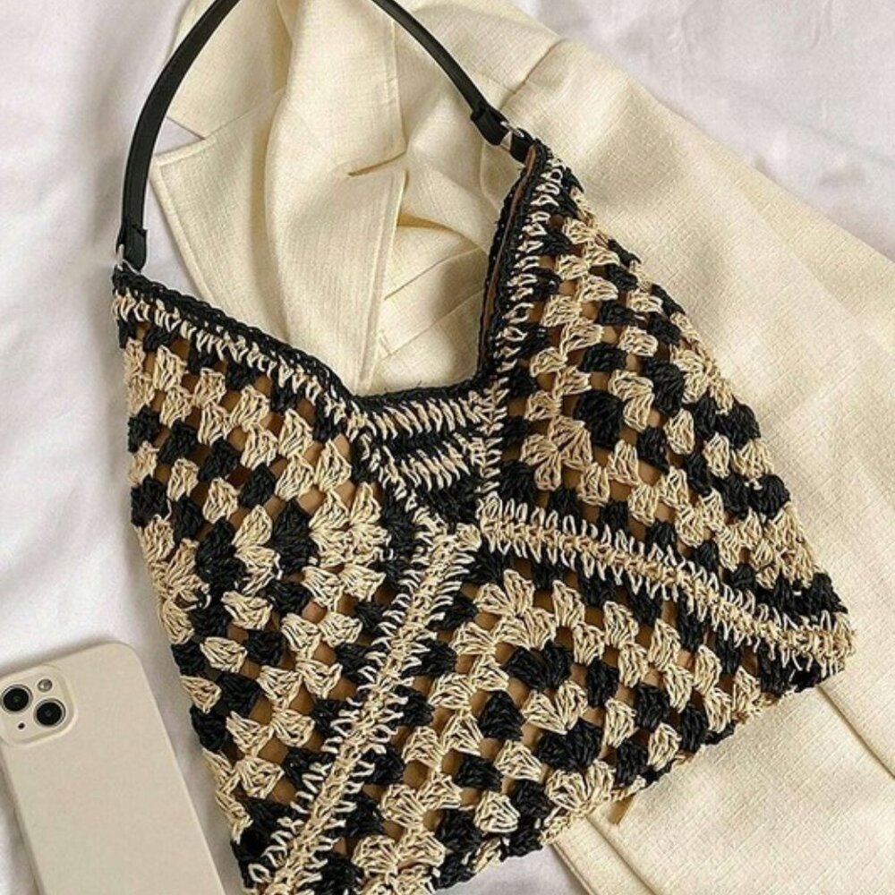 Vintage Woven Straw Crochet Bucket Shoulder Bag Black - Picture 2 of 4